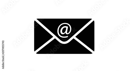 Black email envelope icon with at symbol on white background