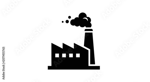 Black factory icon with smoking chimney on white background