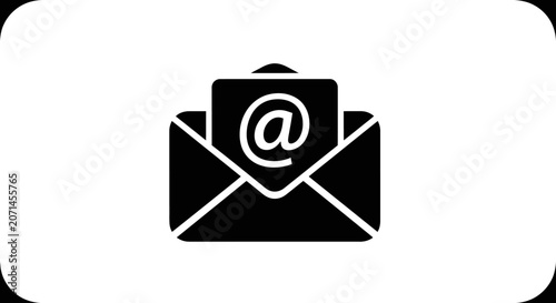 Black email envelope icon with at symbol on white
