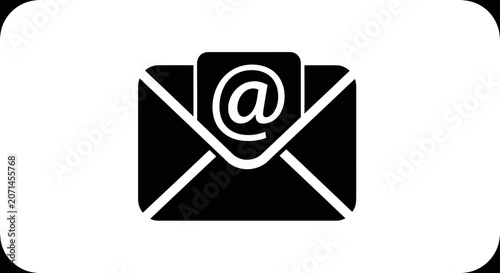 Black email envelope icon with at symbol on white background