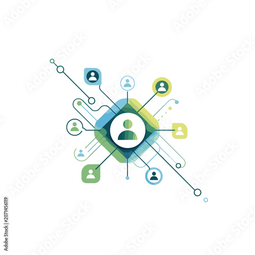 Abstract digital illustration of social network connections and human communication nodes.