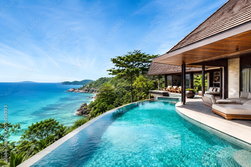 Obraz premium Beautiful Tropical Luxury Resort with Ocean View Premium Travel Destination and Vacation Paradise