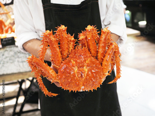 фотографія Waiter holds real steamed Alaska king crab (Snow crab).
