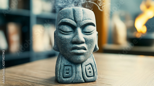 Stone head incense burner shaped like an ancient Mayan mask with smoke rising from the top on a wooden table