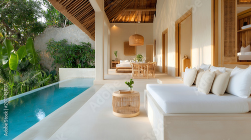 Luxury open-air villa with infinity pool, minimalist wooden furniture and daybed in a tropical setting at golden hour