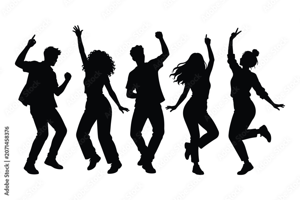 Fototapeta premium Group of five friends dancing and celebrating vector silhouette graphic