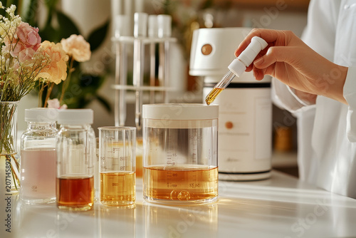 Young adult woman using a pipette to add essential oil into a glass beaker in a bright perfume laboratory workshop
