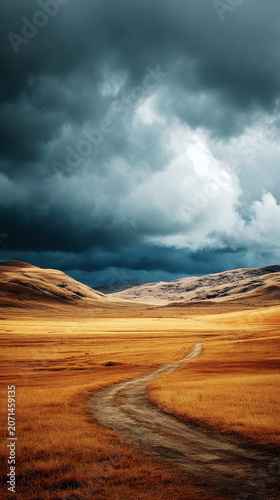 Winding dirt road through vast golden fields and rolling hills under a dramatic stormy sky