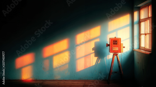 Vintage red movie projector on a tripod in a dark room with golden hour sunlight streaming through a window