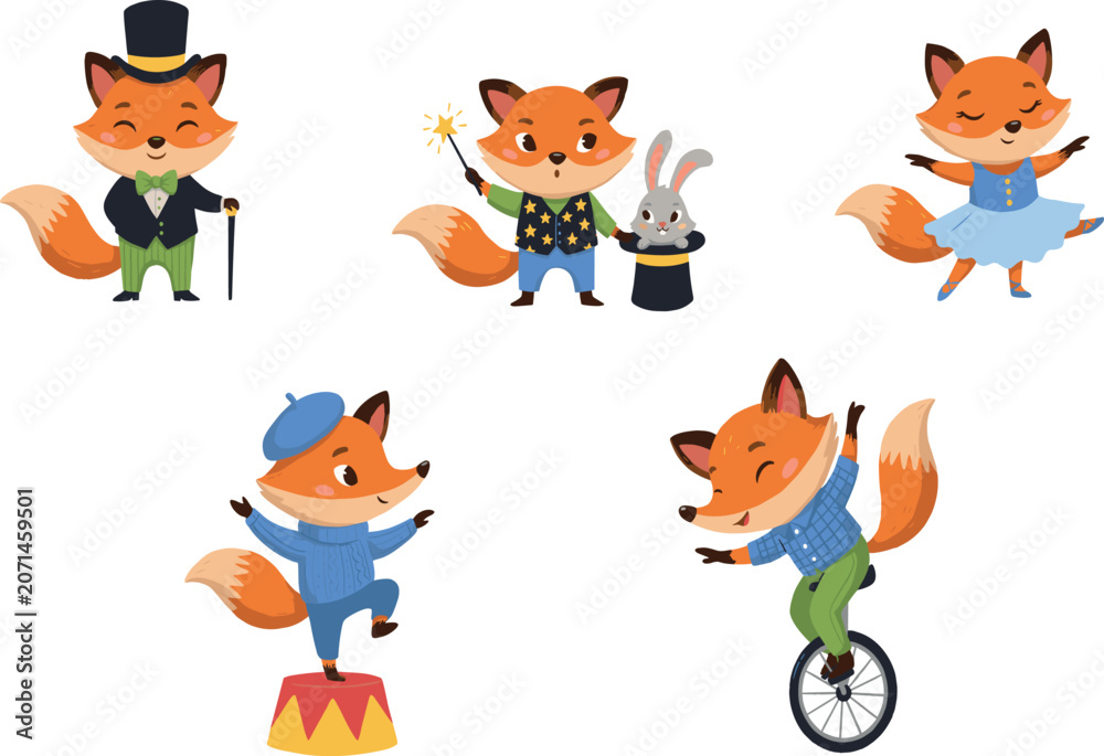 Fototapeta premium Adorable little fox talent show performers collection with funny woodland puppy characters doing carnival stage entertainment tricks template