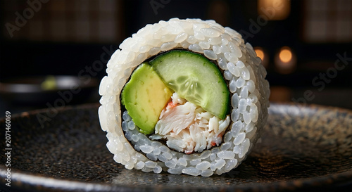  A hyper-realistic macro food photograph focusing on the exposed end of a single California roll slice. The focus is sharp on the concentric circles: