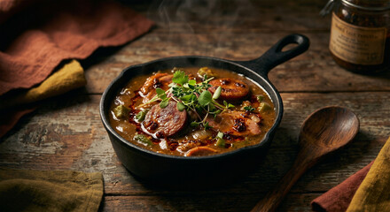 A sophisticated product photograph for a high-end bistro. A serving of gumbo infused with smoked duck and tasso ham, served in a small, matte-black cast-iron ramekin, garnished with micro-greens 