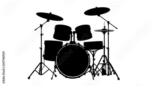 Black and white drum set with cymbals on stand.