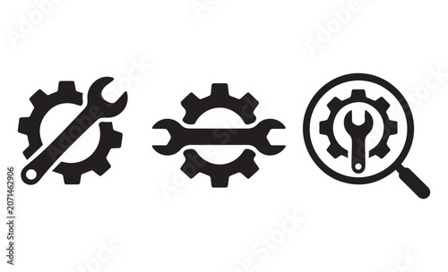 Minimalist Black Gear and Wrench Technical Icon Set