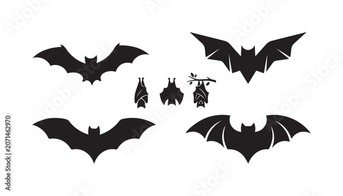 Black bat silhouettes set with flying and hanging poses for Halloween design