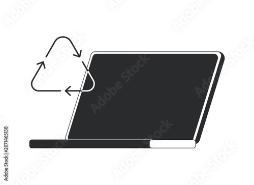 Laptop with recycling symbol 2D line object. Electronic waste management. Device reuse. Environmental tech. Sustainable computer isolated clipart vector outline item. Black and white spot illustration