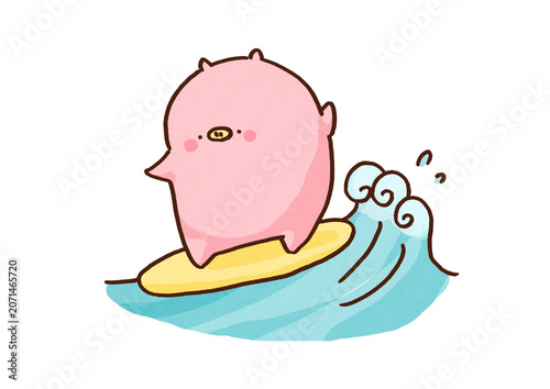 Photography Funny pig surfing skillfully on a surfboard in the sea, active marine sports or