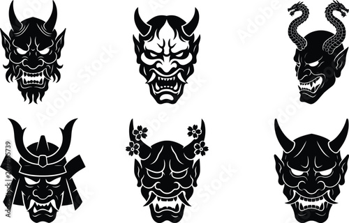 Oni Mask Demon Silhouette Bundle Set Featuring Fierce Warrior Spirits
