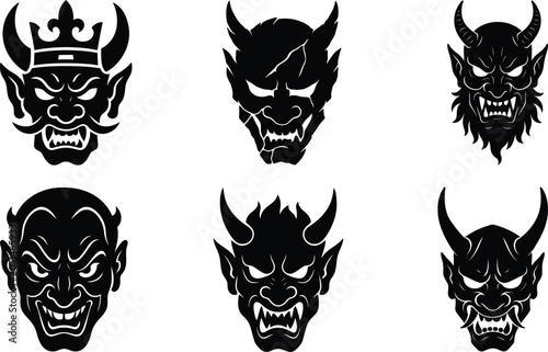 Oni Mask Demon Silhouette Bundle Set Featuring Traditional Japanese Folklore Faces