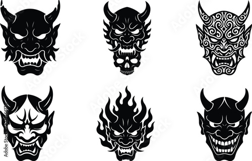 Oni Mask Demon Silhouette Bundle Set with Iconic Japanese Folklore Artwork