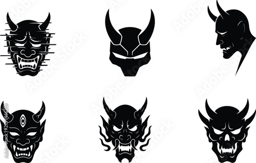 Oni Mask Demon Silhouette Bundle Set with Traditional Japanese Monster Faces