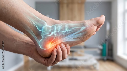 Man suffering from plantar fasciitis foot pain with holographic anatomy overlay. Male patient holding painful heel, medical clinic diagnostics for heel spur or foot arch inflammation