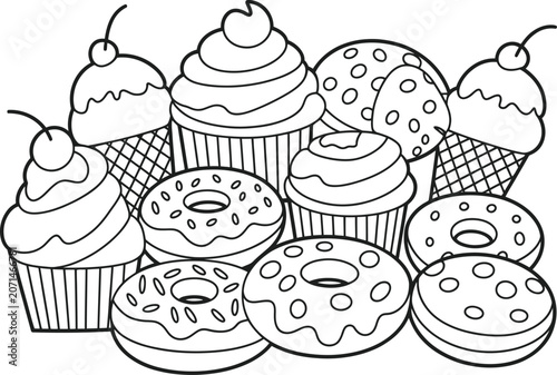 Hand Drawn Sketch of Assorted Cupcakes and Donuts Architectural Drawing CAD Design