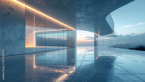 Transparent glass architecture with glowing edges and reflective floor, ultra modern design