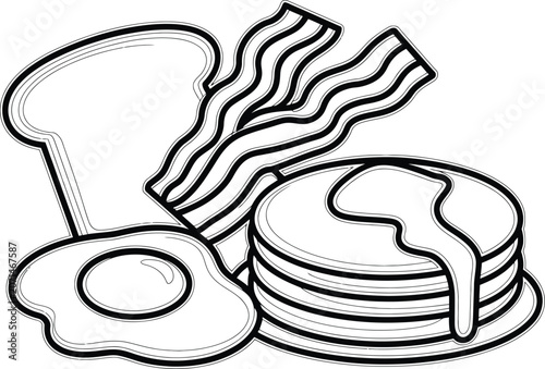 Hand-drawn breakfast meal with pancakes, bacon, toast, and fried egg, Architectural Drawing CAD design