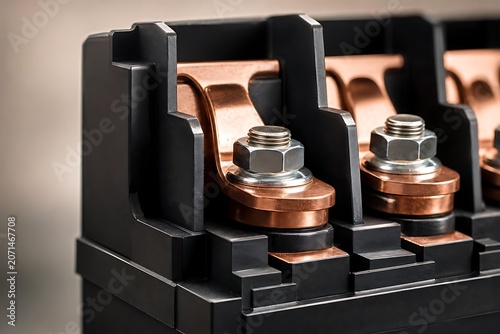 Stationary storage pack terminal block with copper lugs and insulated barrier – macro detail, power distribution, EV battery, BESS, energy storage, battery assembly, commercial stock