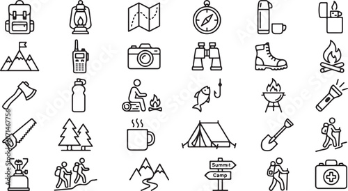 Cuadro en lienzo Collection of camping and hiking icons in line art style for outdoor enthusiasts