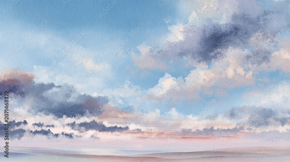 Obraz premium A watercolor style sky painting with soft blues, grays, and pinks. Wispy clouds drift across a gradient background, serene