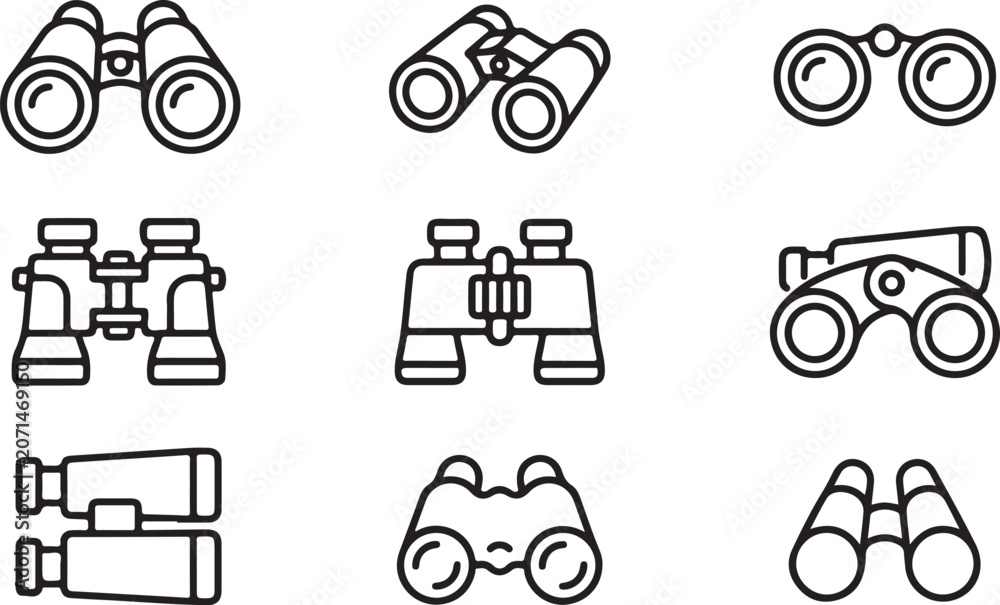Fototapeta premium Collection of various binoculars and telescope icons in line art style