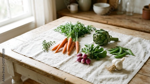 Premium selection of fresh organic vegetables arranged elegantly on a rustic wooden table for a luxury culinary kitchen experience