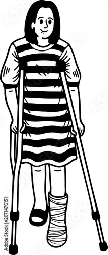 black and white illustration of A woman with a cast is walking with a cane