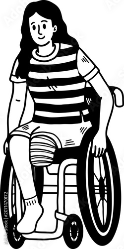 black and white illustration of A woman with a severed leg is in a wheelchair