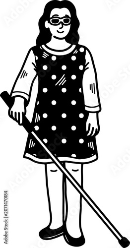 black and white illustration of A blind woman walks using a cane