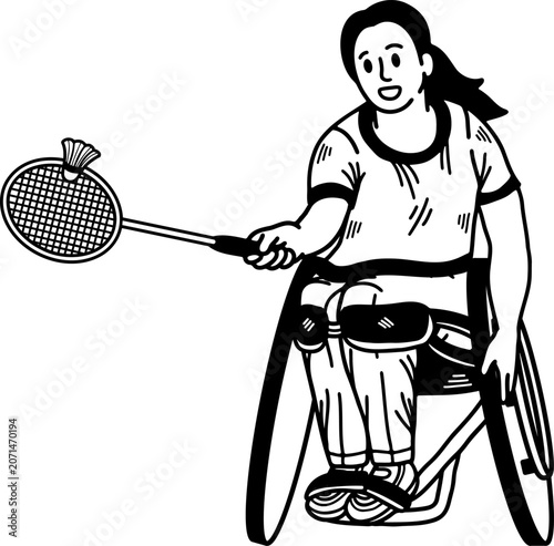 black and white illustration of Paralympian badminton player with a disability