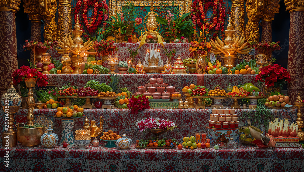 Fototapeta premium Elaborate traditional altar offering with flowers and fruits religious ceremony traditional culture temple decor spiritual practice sacred space offering tradition ceremony spiritual