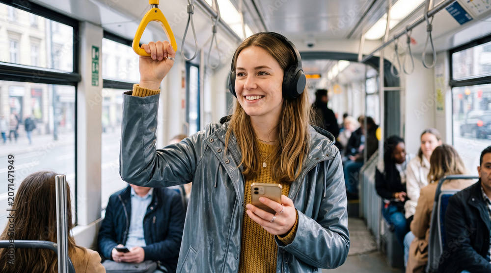 Fototapeta premium Young woman enjoys music while riding public transport in a city during the day holding a phone and a grab pole