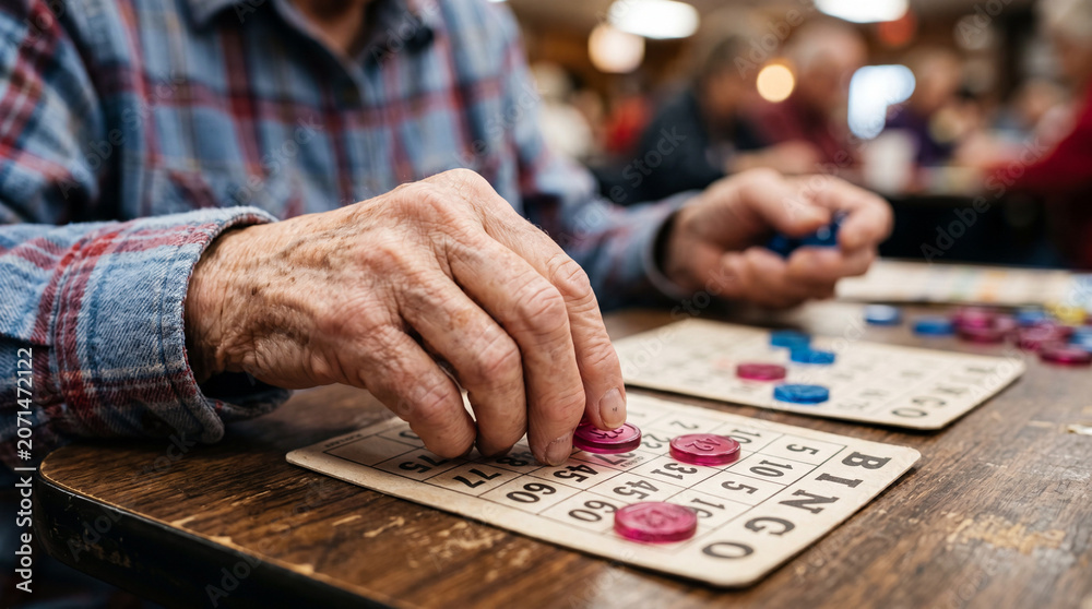 Fototapeta premium Playing bingo at a community hall during an afternoon gathering with friends and family