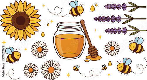 Honey and bee collection featuring sunflower lavender flowers natural honey and pollinator illustrations