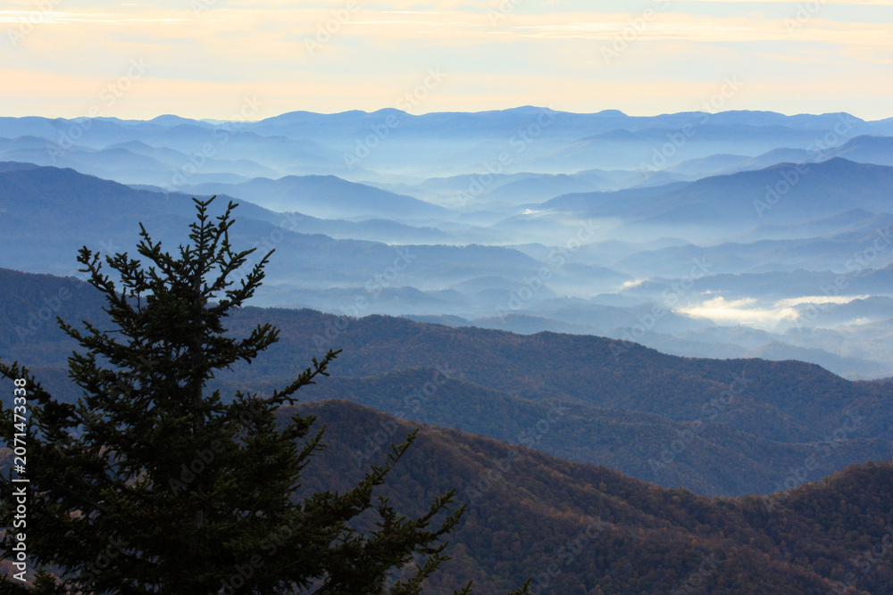 Naklejka premium Scenic morning view in autumn from Clingmans Dome parking lot in Great Smoky Mountains National Park, North Carolina