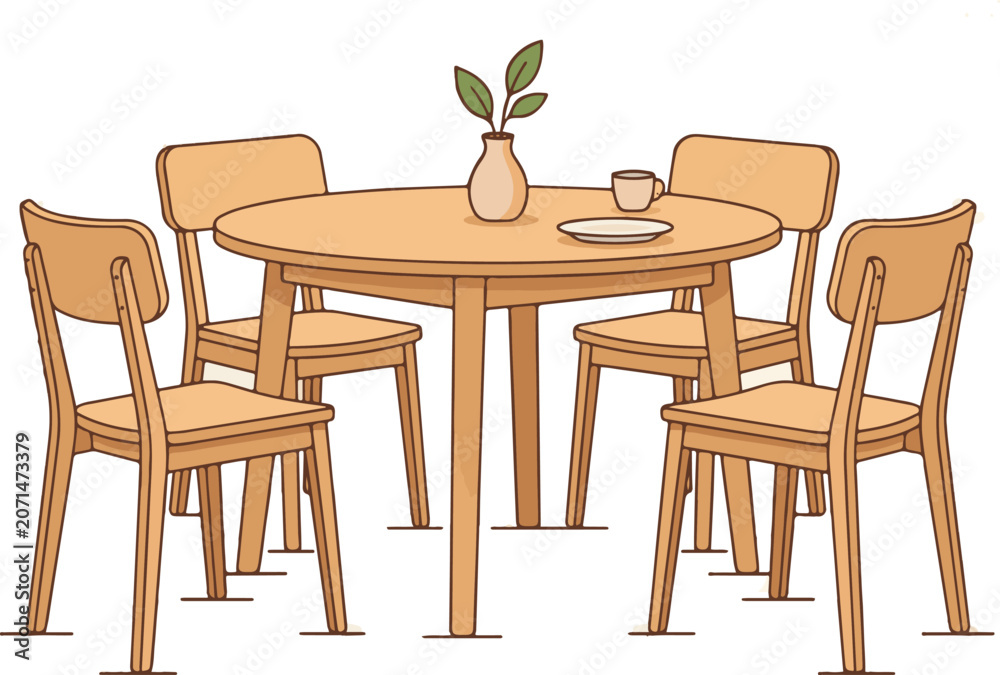 Fototapeta premium Minimalist wooden dining set illustration with round table and four chairs
