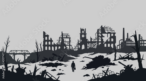Foto Snow Covered Ruined City After War Illustration