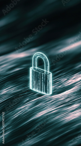Digital padlock symbol glowing over abstract waves