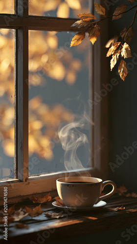 Steaming cup of coffee on a wooden windowsill in autumn