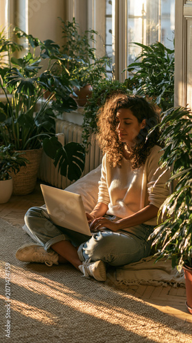 Woman working on laptop in sunlit room with plants