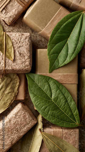 Eco-friendly gift boxes wrapped with leaves