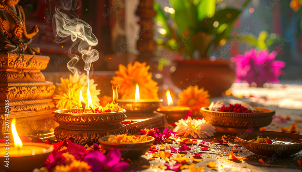 Obraz premium Peaceful Indian Temple Setup Featuring Oil Lamps Incense and Floral Offerings